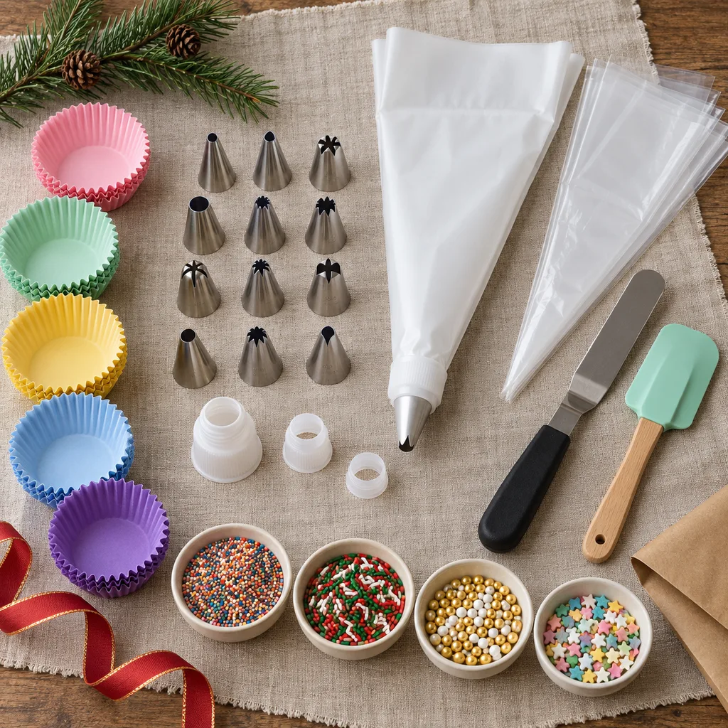 Representative photo-style image of complete cupcake decorating kit — generated, not a specific product