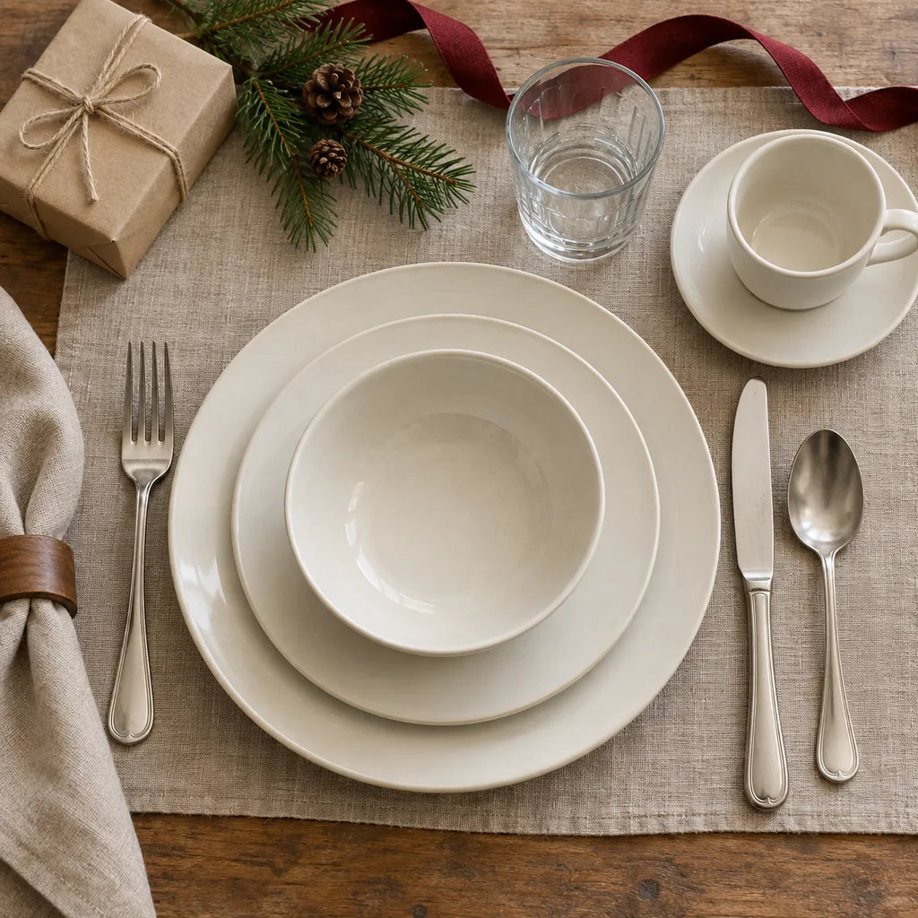 Representative photo-style image of complete dinnerware place setting set — generated, not a specific product