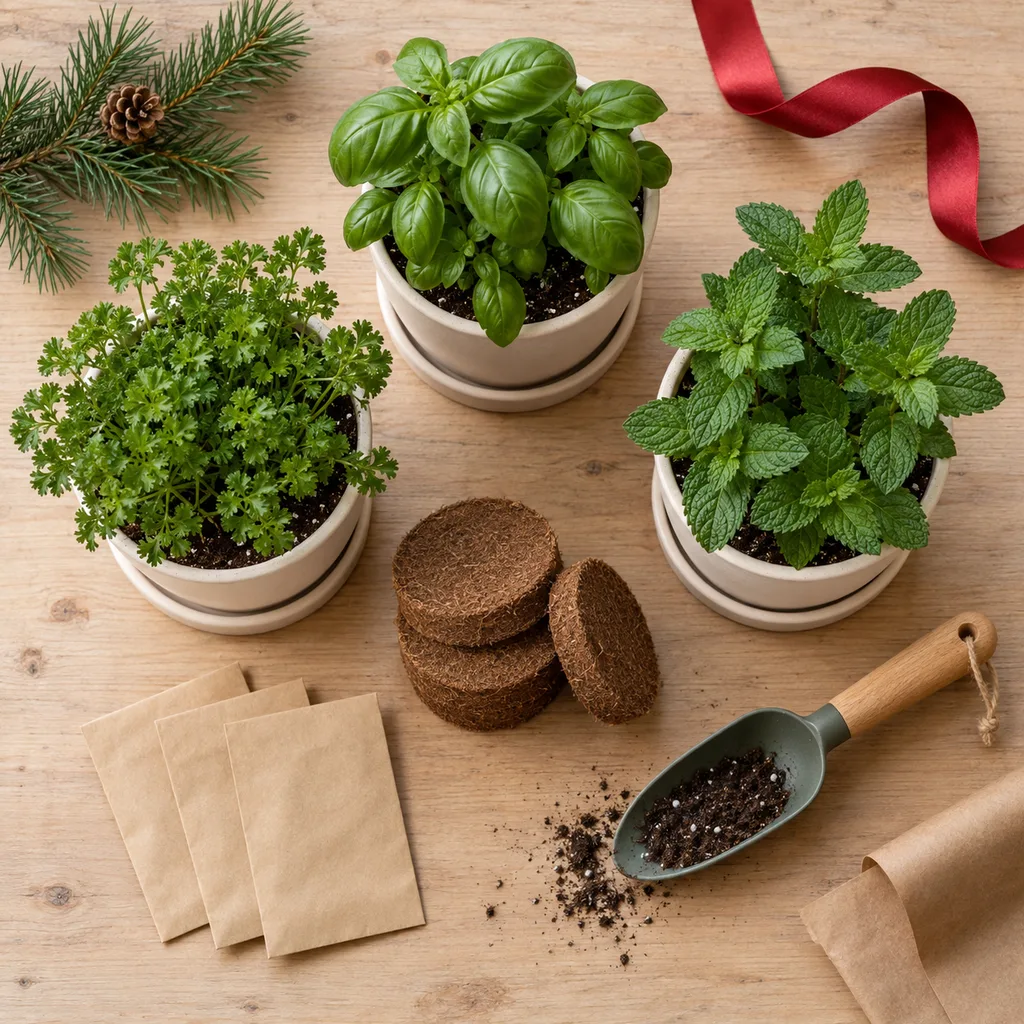 Representative photo-style image of complete indoor herb garden planter kits — generated, not a specific product