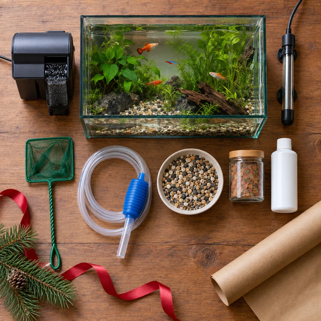 Representative photo-style image of complete small aquarium starter kit — generated, not a specific product