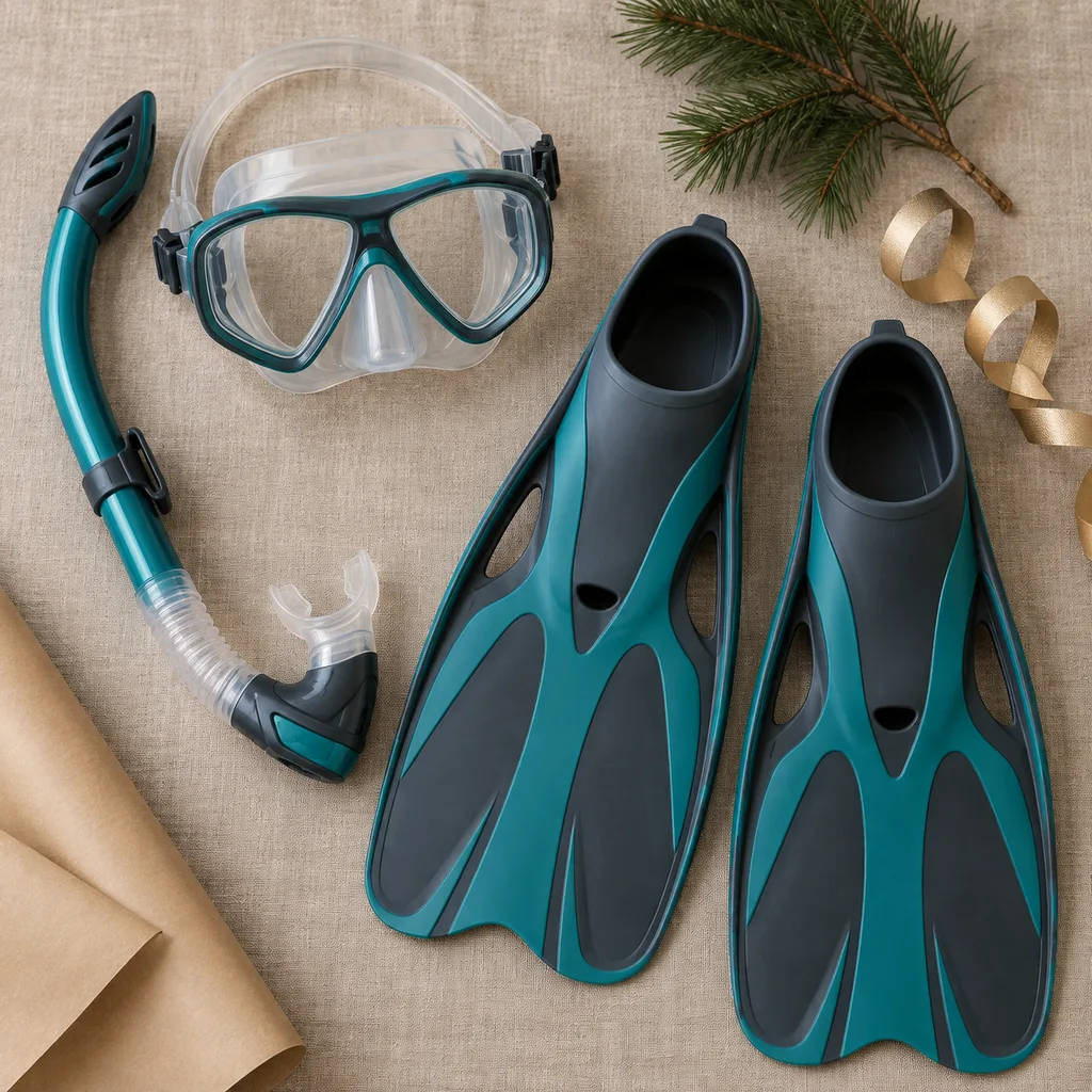 Representative photo-style image of complete snorkeling mask, snorkel, and fin set — generated, not a specific product