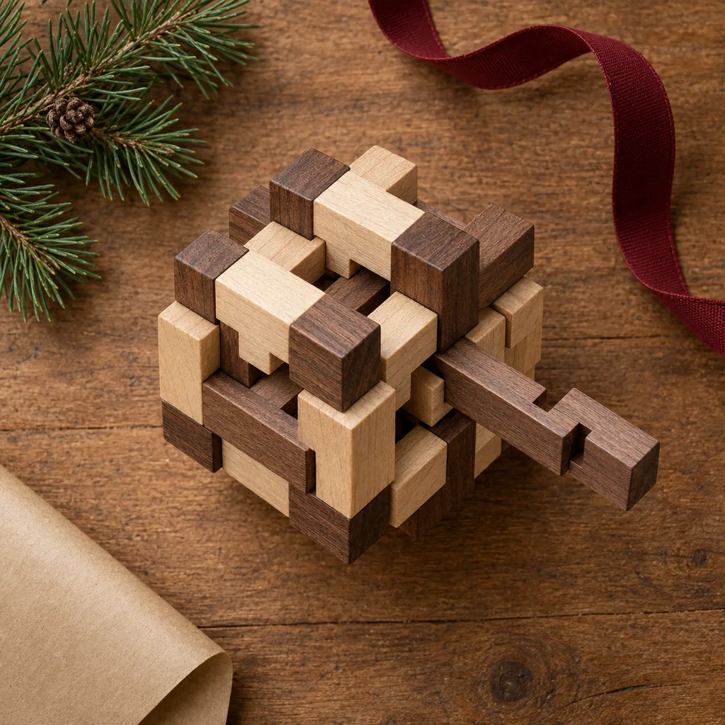 Representative photo-style image of complex sequential movement burr puzzle — generated, not a specific product