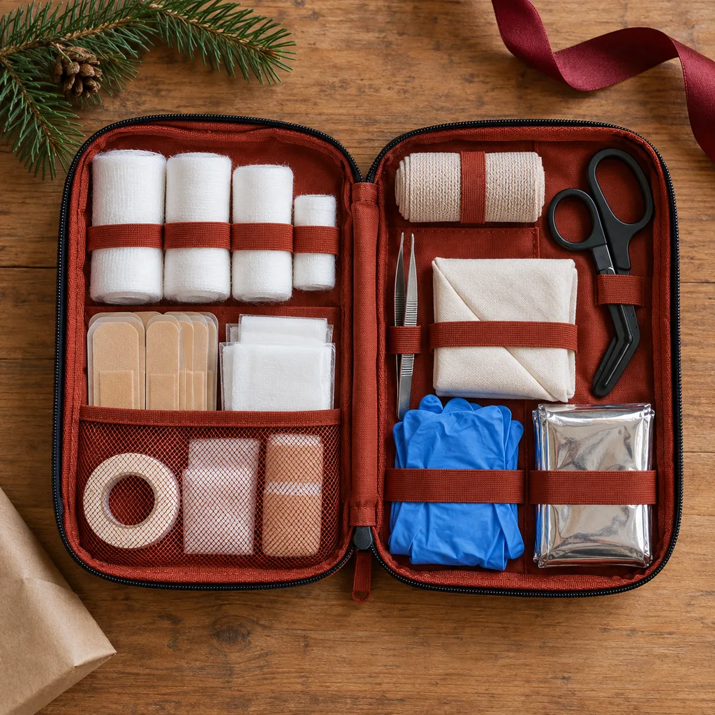 Representative photo-style image of comprehensive camping first aid kit — generated, not a specific product
