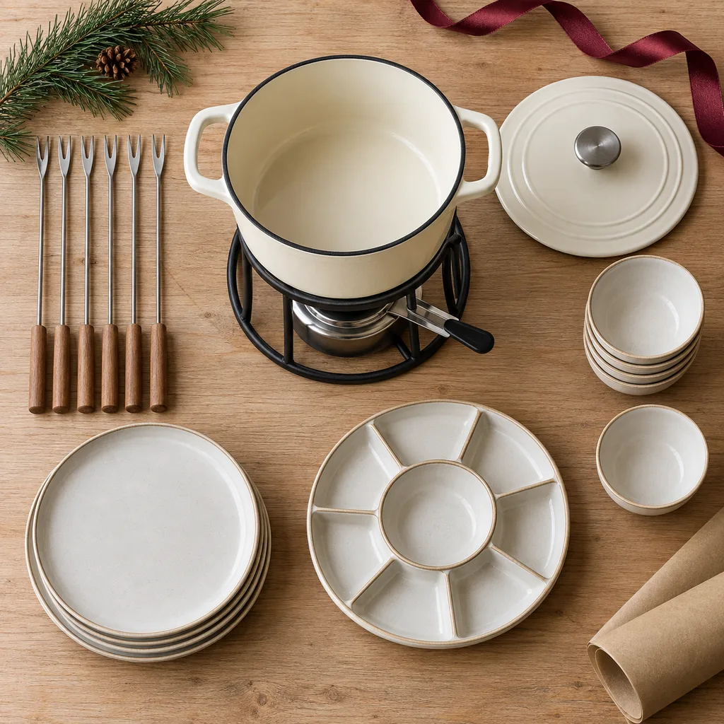 Representative photo-style image of comprehensive fondue set with accessories — generated, not a specific product