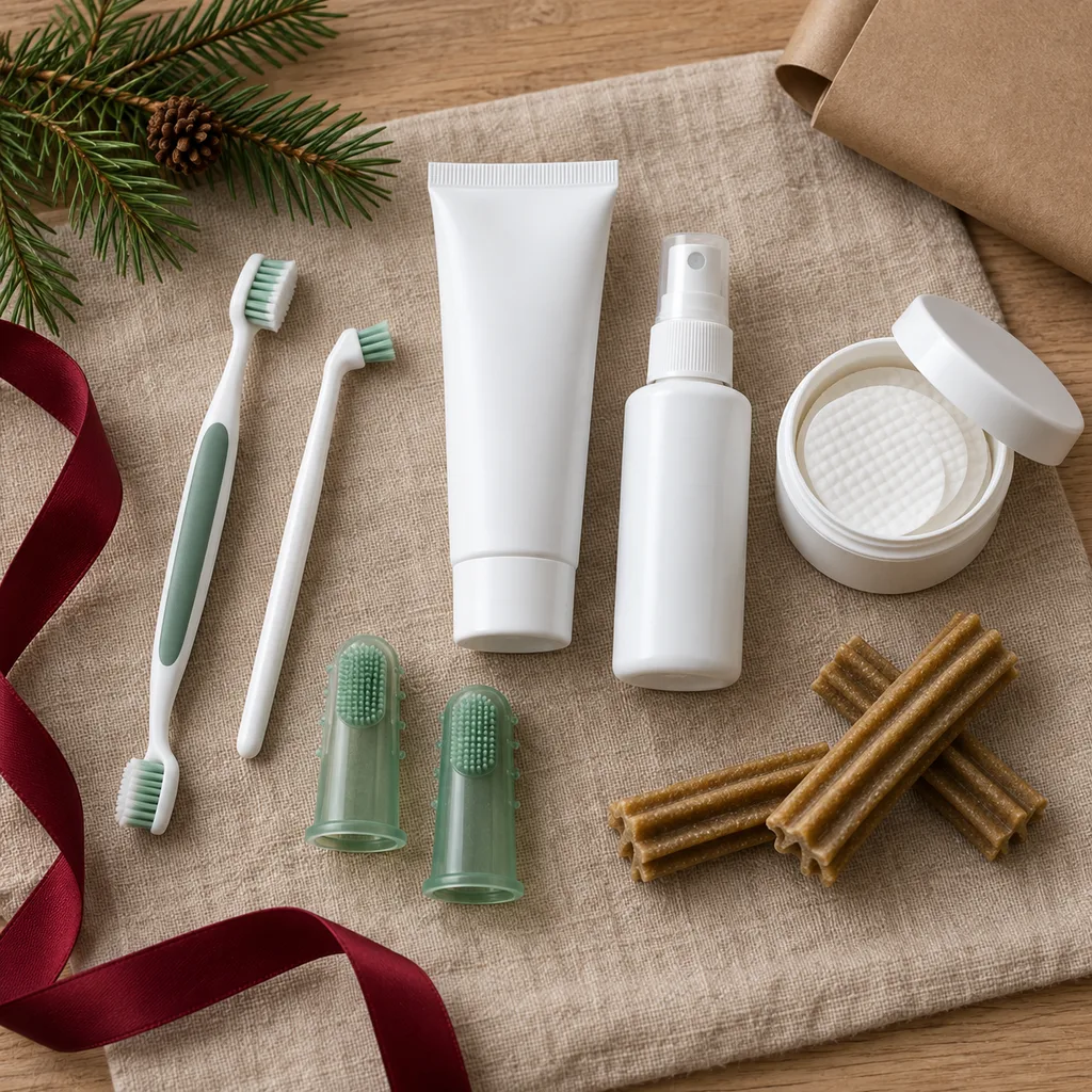 Representative photo-style image of comprehensive pet dental care kit — generated, not a specific product