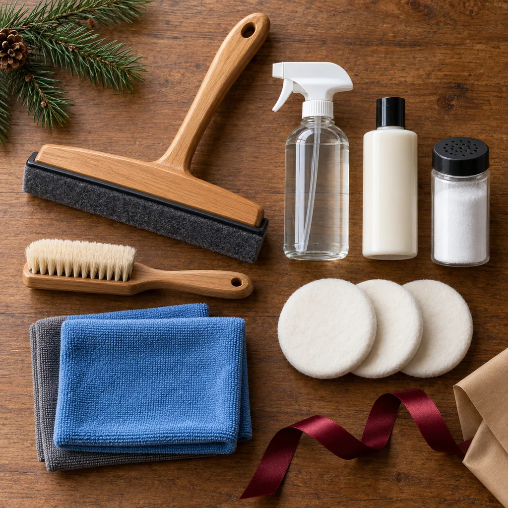 Representative photo-style image of comprehensive shuffleboard cleaning kit — generated, not a specific product