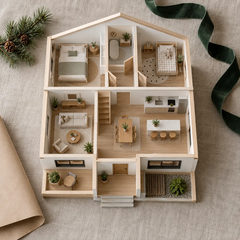 Representative photo-style image of contemporary architectural dollhouse — generated, not a specific product