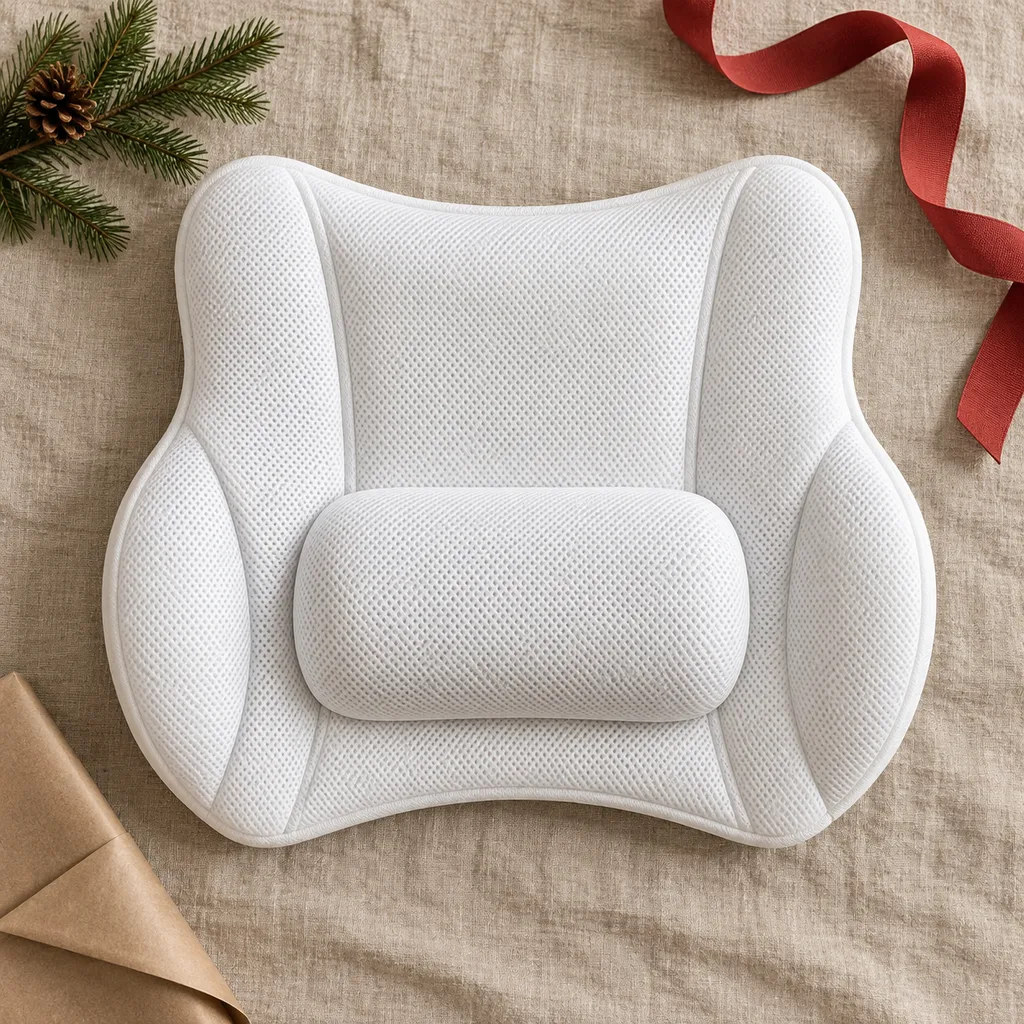 Representative photo-style image of contoured lumbar support bath pillow — generated, not a specific product
