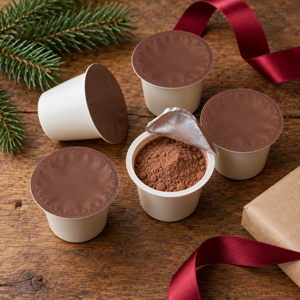 Representative photo-style image of convenient single-serve hot chocolate pods — generated, not a specific product