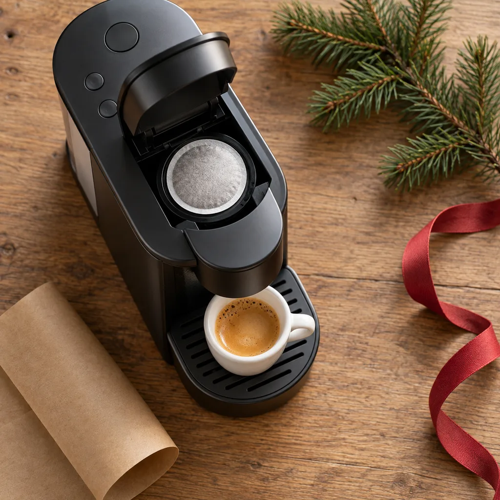 Representative photo-style image of convenient single serve pod coffee machine — generated, not a specific product