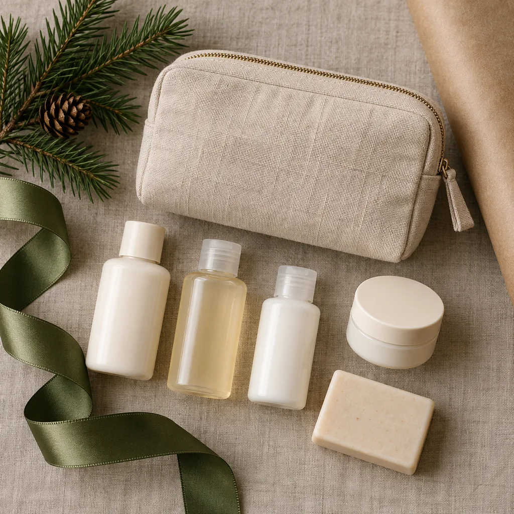 Representative photo-style image of convenient travel size bath & body kit — generated, not a specific product