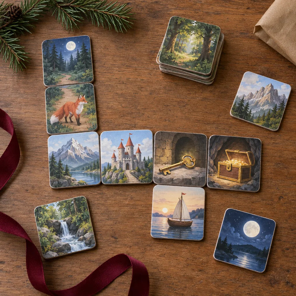 Representative photo-style image of cooperative story building tile game — generated, not a specific product