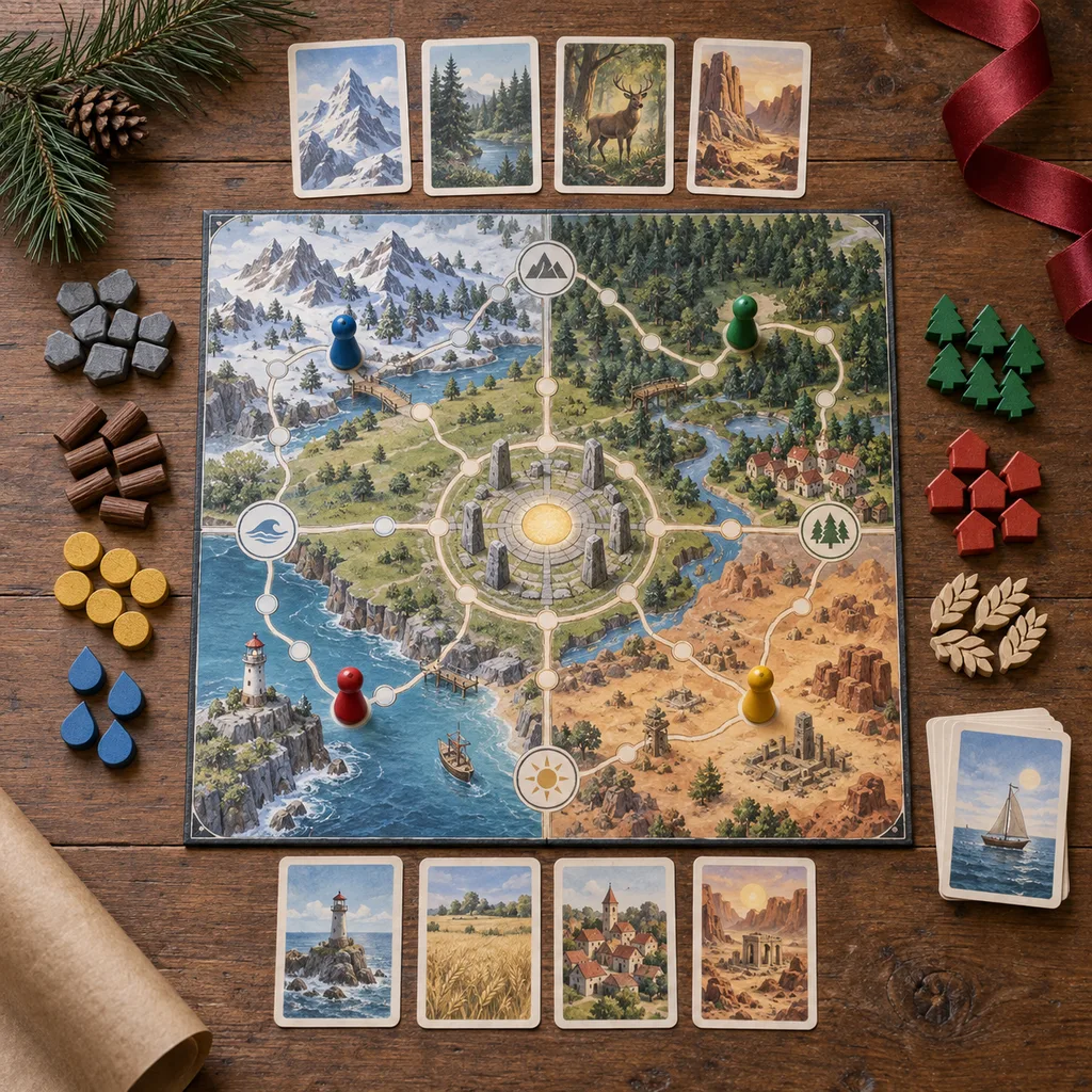 Representative photo-style image of cooperative strategy board game — generated, not a specific product