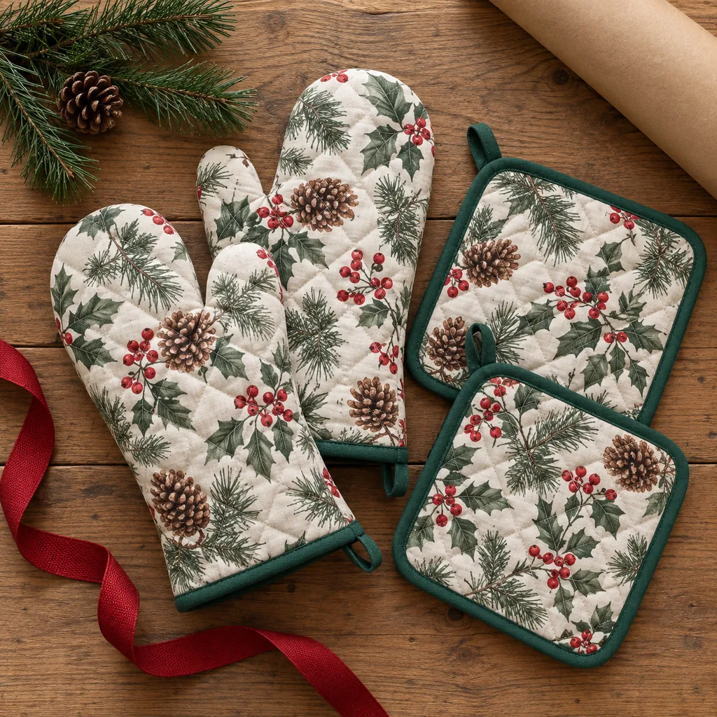 Representative photo-style image of coordinated kitchen mitt and holder set — generated, not a specific product