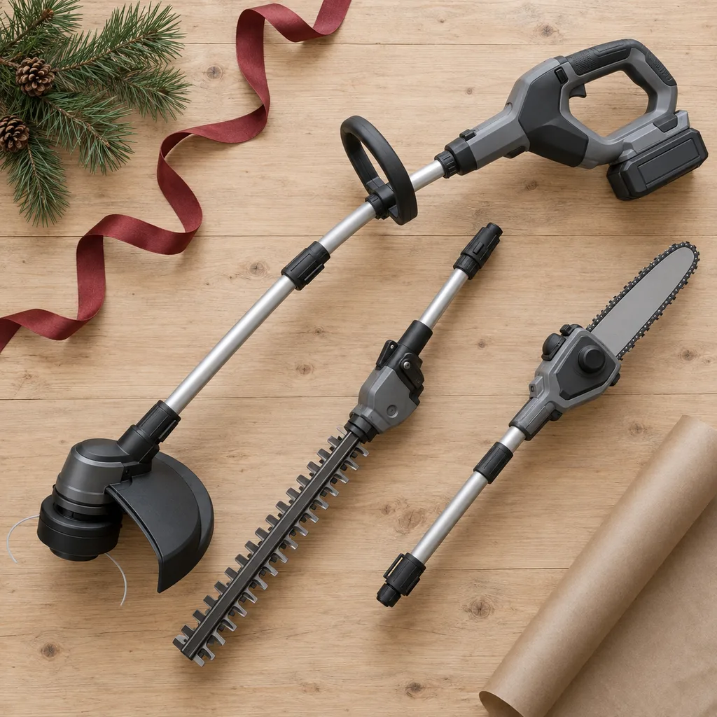 Representative photo-style image of cordless garden multi-tool system — generated, not a specific product