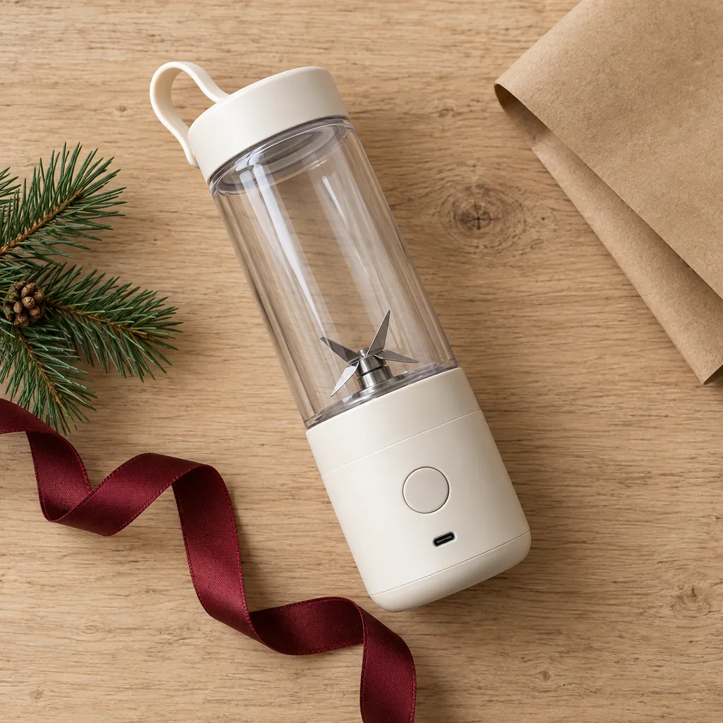Representative photo-style image of cordless portable rechargeable blender — generated, not a specific product
