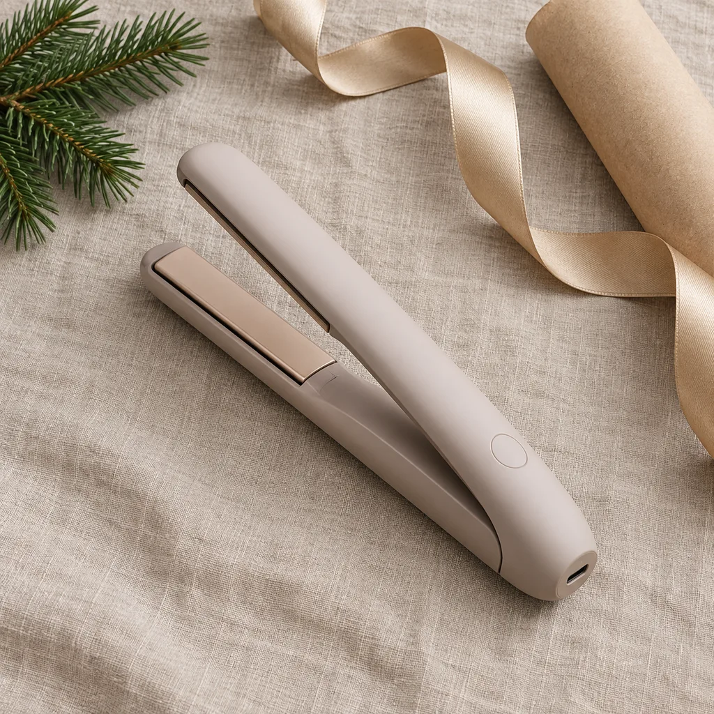 Representative photo-style image of cordless rechargeable hair straightener — generated, not a specific product