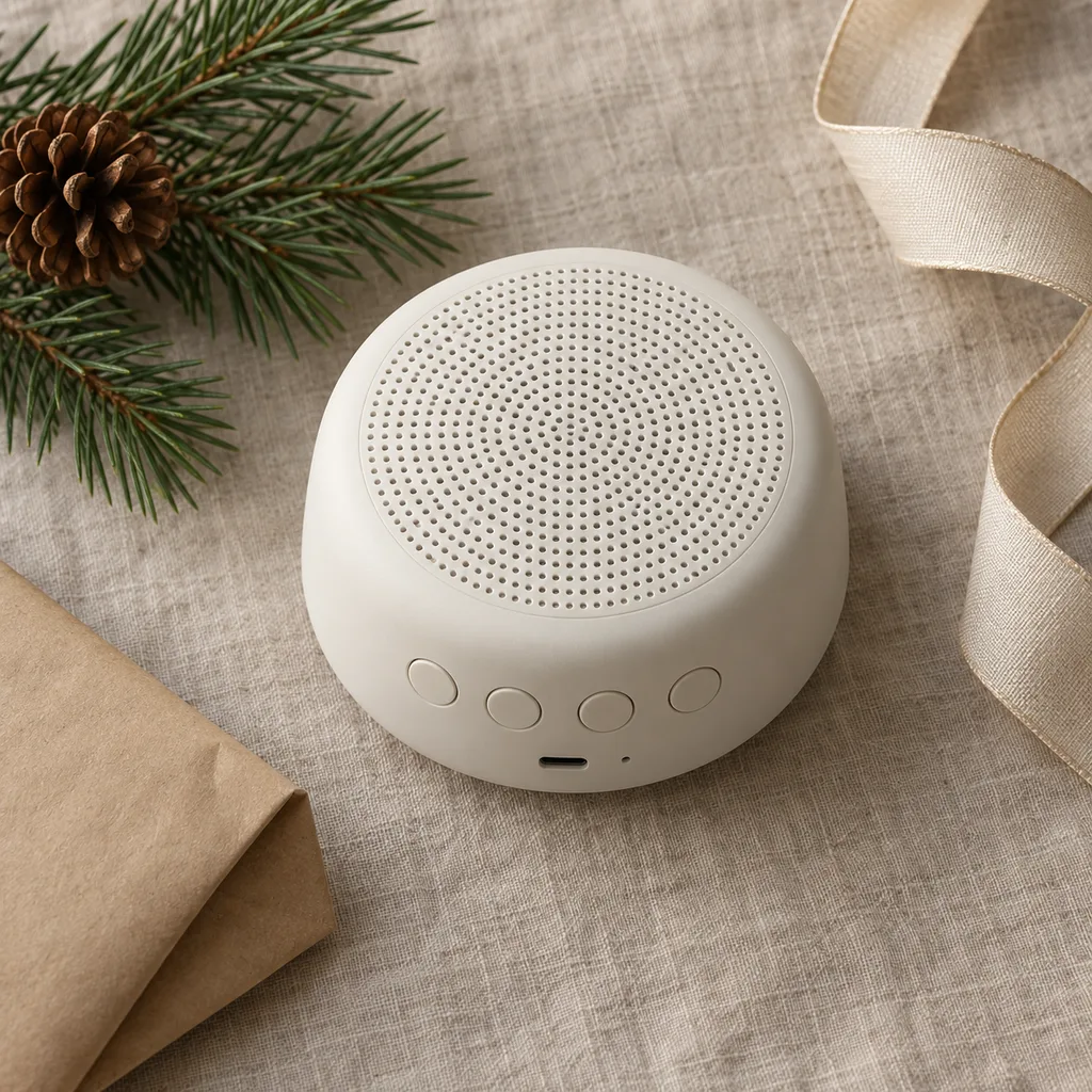 Representative photo-style image of cordless rechargeable white noise device — generated, not a specific product