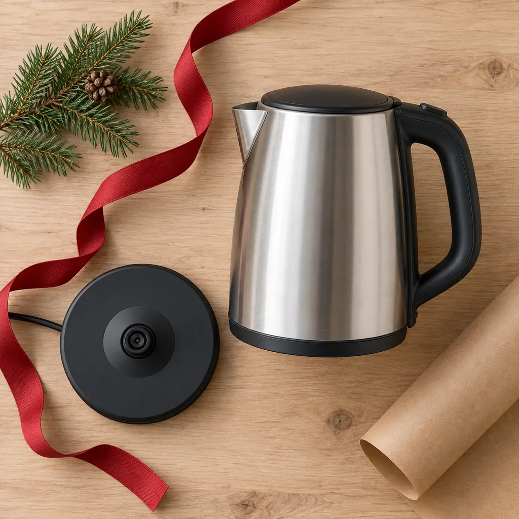 Representative photo-style image of cordless rotating electric kettle — generated, not a specific product
