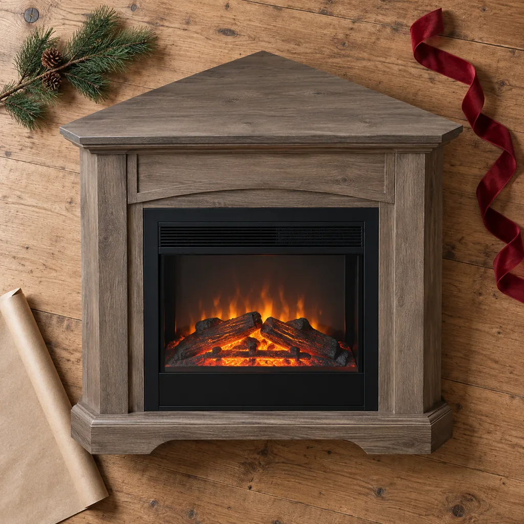 Representative photo-style image of corner electric fireplace — generated, not a specific product