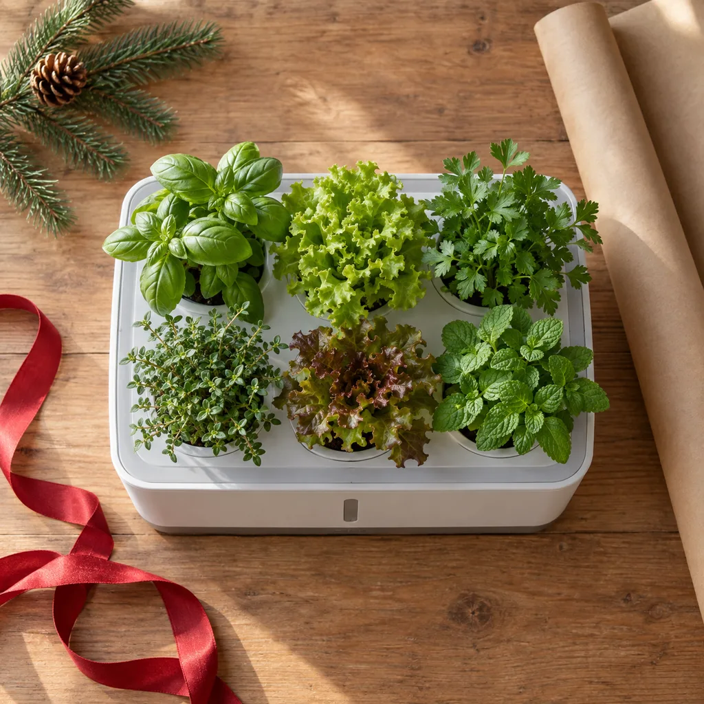 Representative photo-style image of countertop hydroponic garden — generated, not a specific product