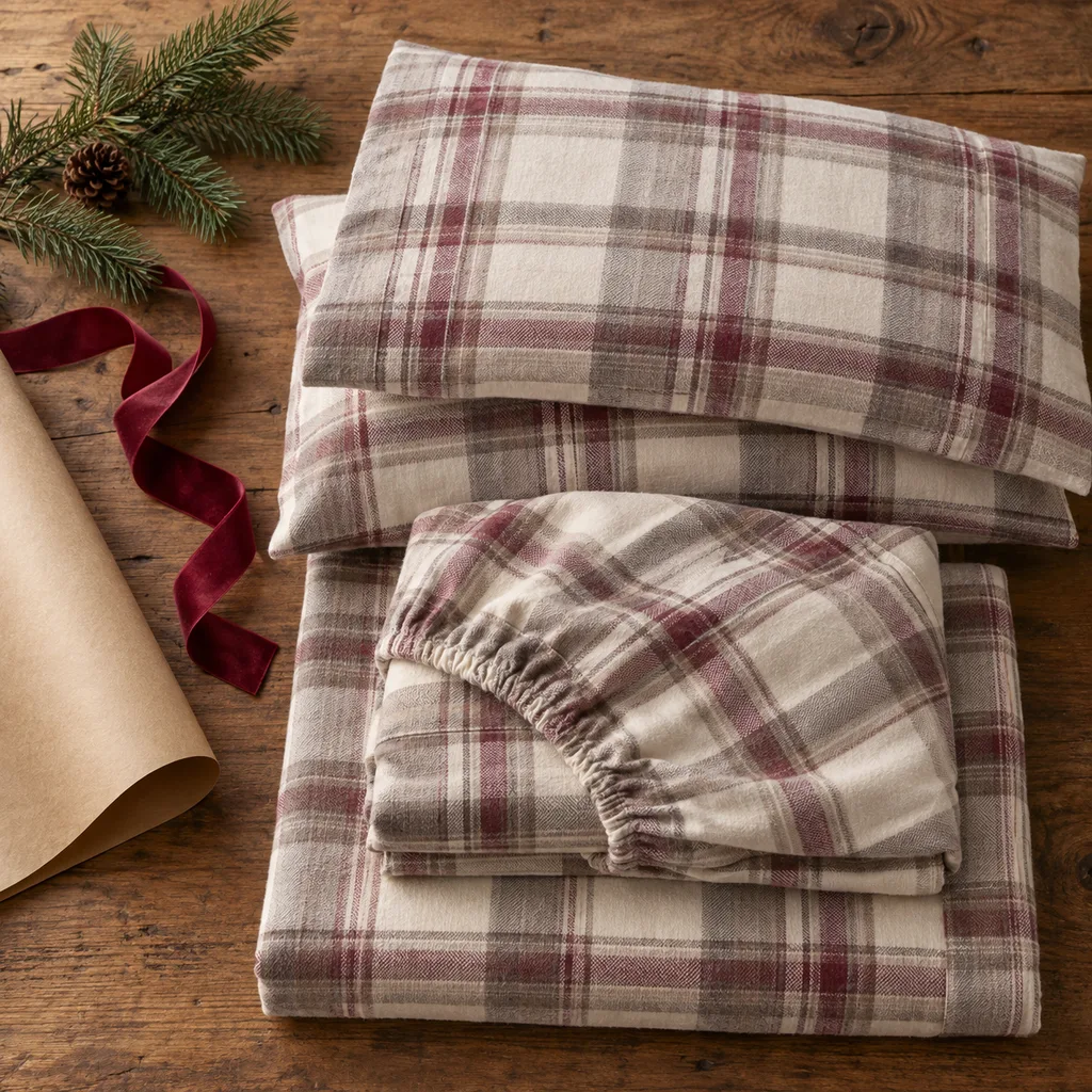 Representative photo-style image of cozy brushed flannel sheet set — generated, not a specific product