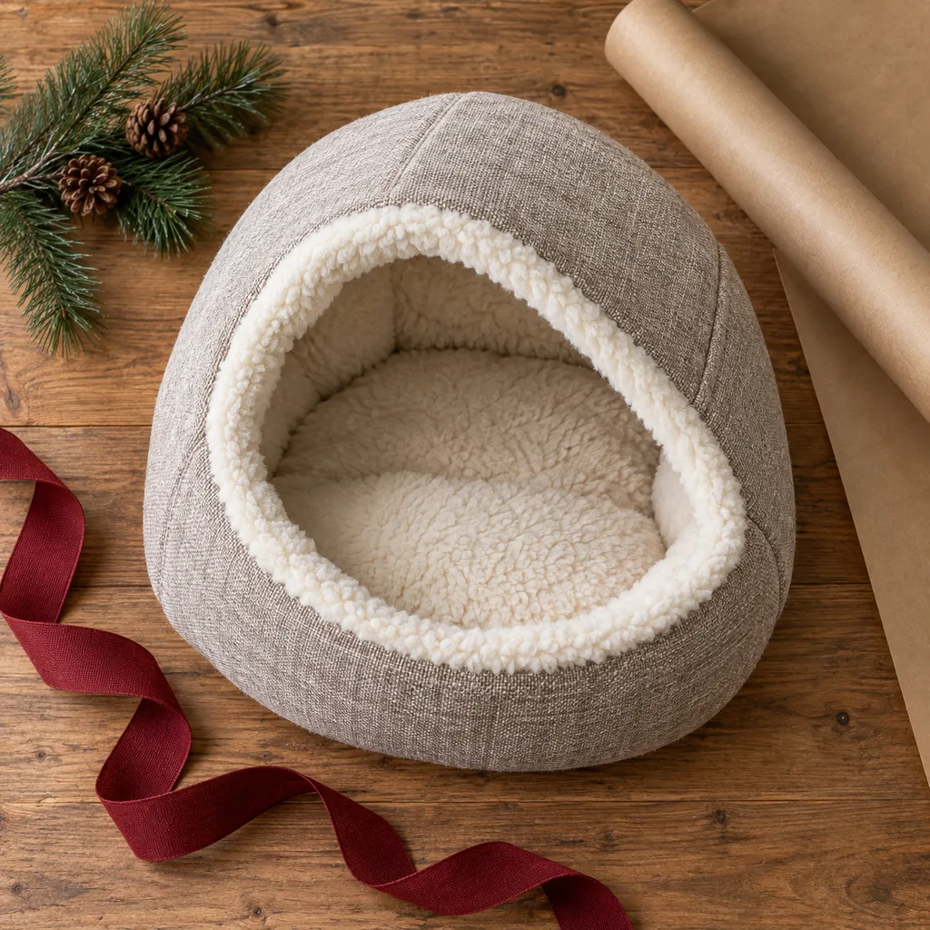 Representative photo-style image of cozy cave pet bed — generated, not a specific product