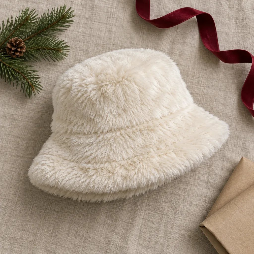 Representative photo-style image of faux fur bucket hat — generated, not a specific product