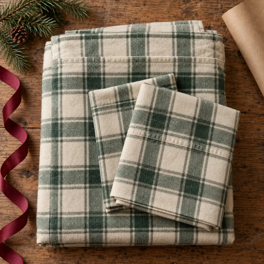 Representative photo-style image of cozy flannel sheet and pillowcase set — generated, not a specific product