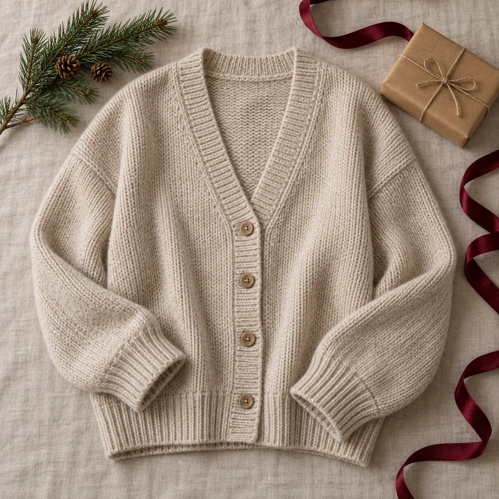 Representative photo-style image of cozy knit loungewear cardigan — generated, not a specific product