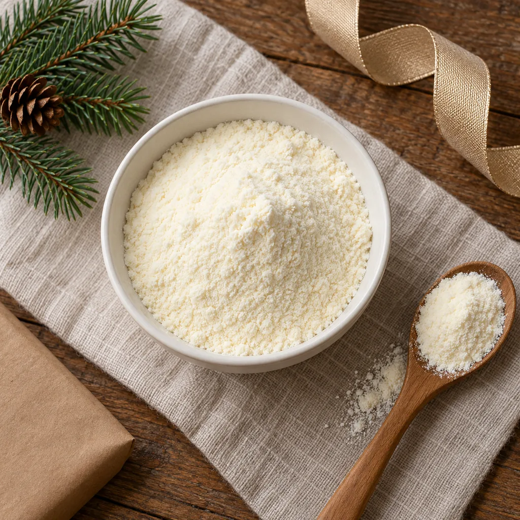 Representative photo-style image of creamy white hot chocolate powder — generated, not a specific product
