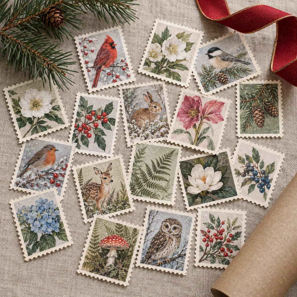 Representative photo-style image of creative stamp crafting assortment — generated, not a specific product