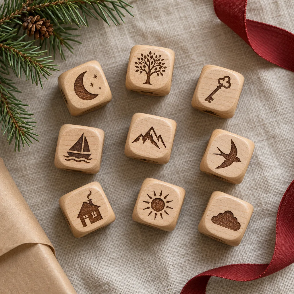 Representative photo-style image of creative storytelling dice set — generated, not a specific product