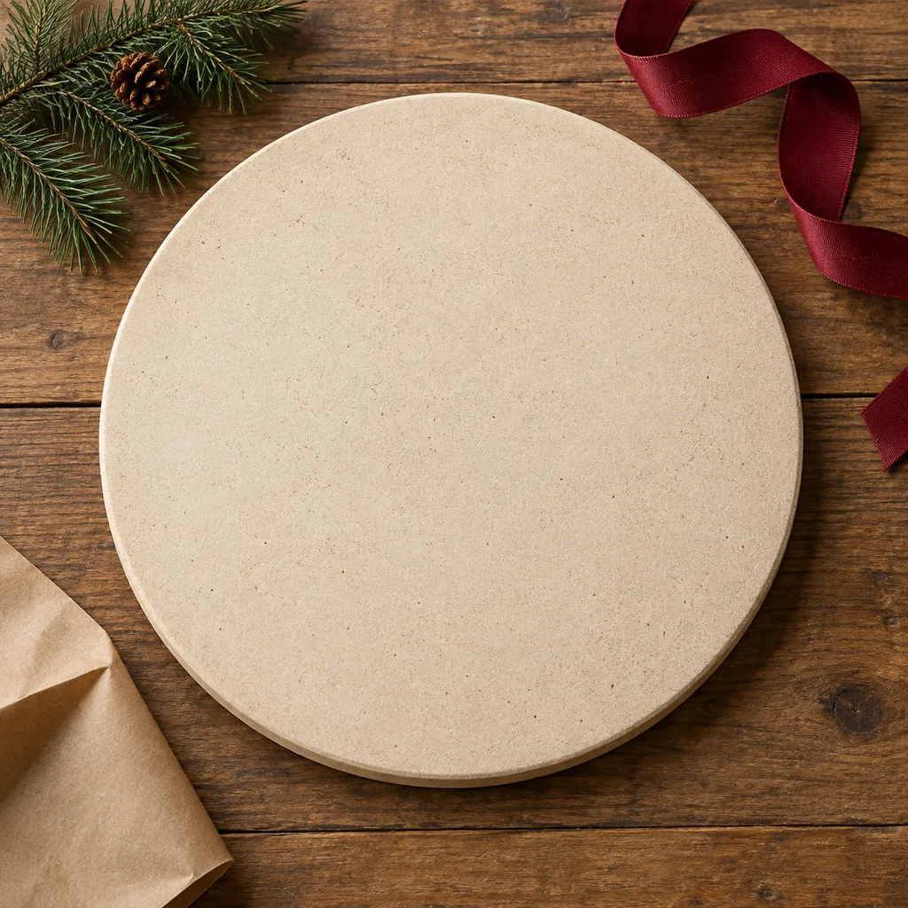 Representative photo-style image of crispy crust pizza baking stone — generated, not a specific product