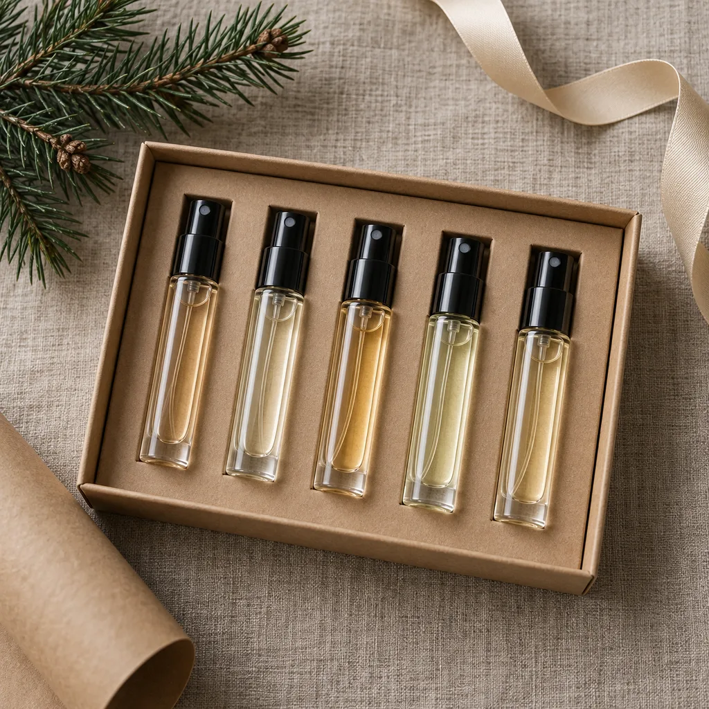 Representative photo-style image of curated fragrance discovery set — generated, not a specific product