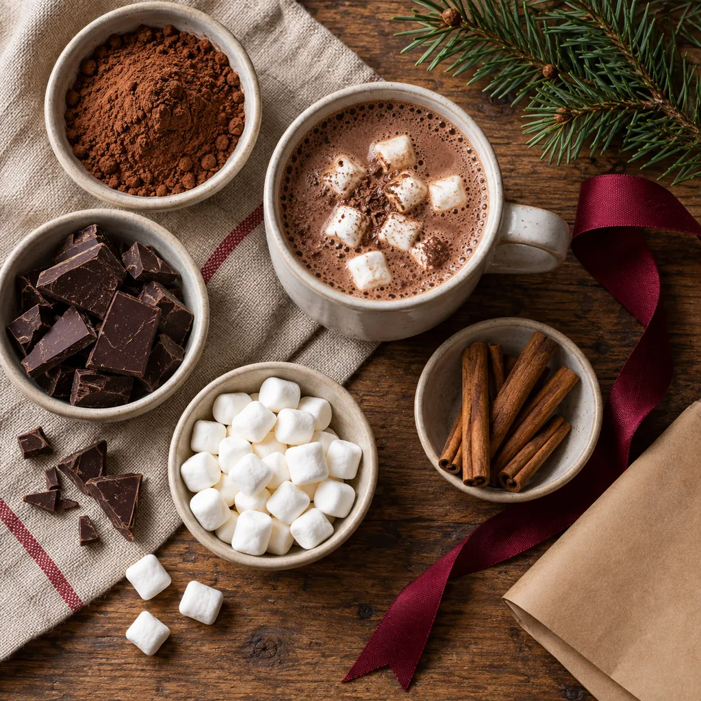 Representative photo-style image of curated hot chocolate ingredient collection — generated, not a specific product