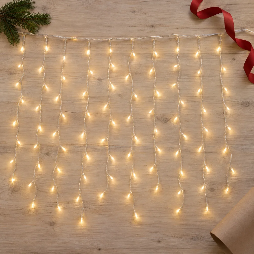 Representative photo-style image of curtain style string lights — generated, not a specific product