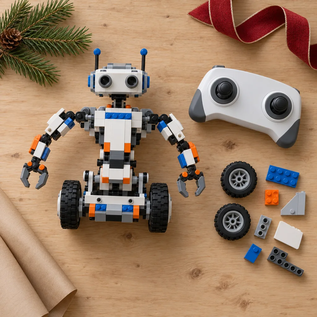 Representative photo-style image of customizable building block robot kit — generated, not a specific product