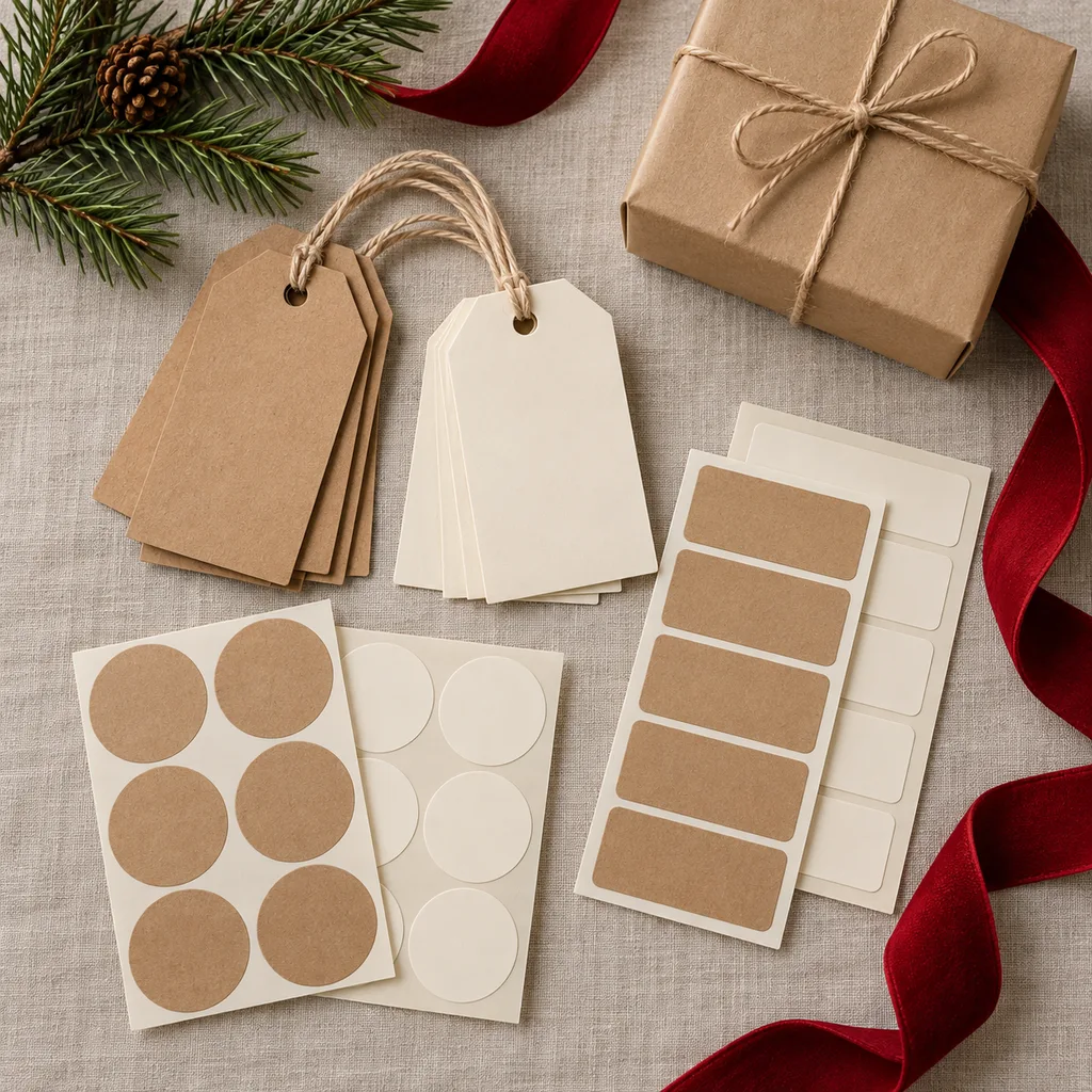 Representative photo-style image of customizable gift tag and label kit — generated, not a specific product