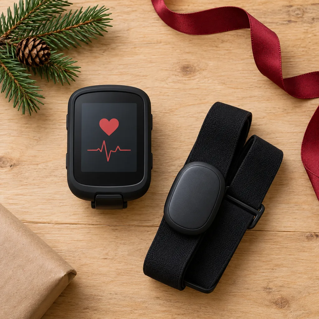 Representative photo-style image of cycling computer with heart rate input — generated, not a specific product