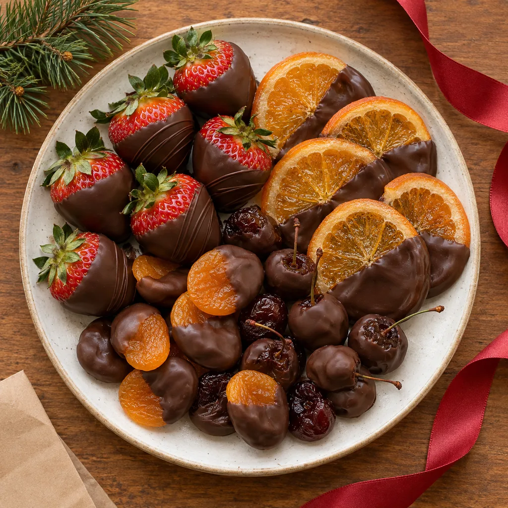 Representative photo-style image of decadent chocolate covered fruit medley — generated, not a specific product