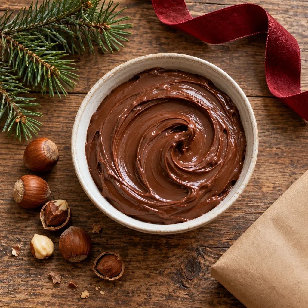 Representative photo-style image of decadent chocolate hazelnut spread — generated, not a specific product