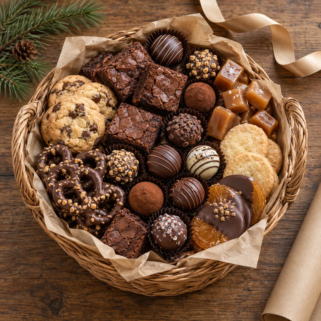 Representative photo-style image of decadent sweet indulgence gift basket — generated, not a specific product