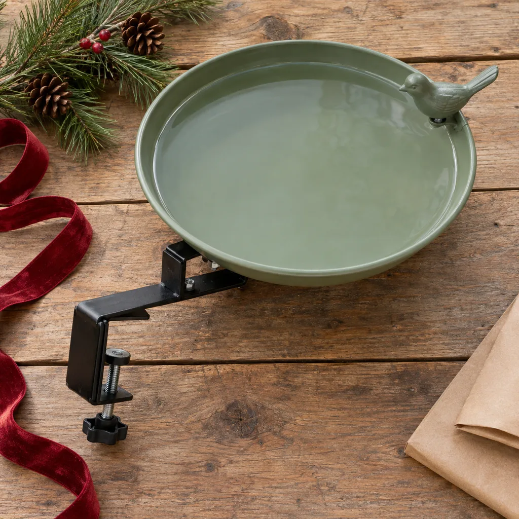 Representative photo-style image of deck railing bird bath — generated, not a specific product