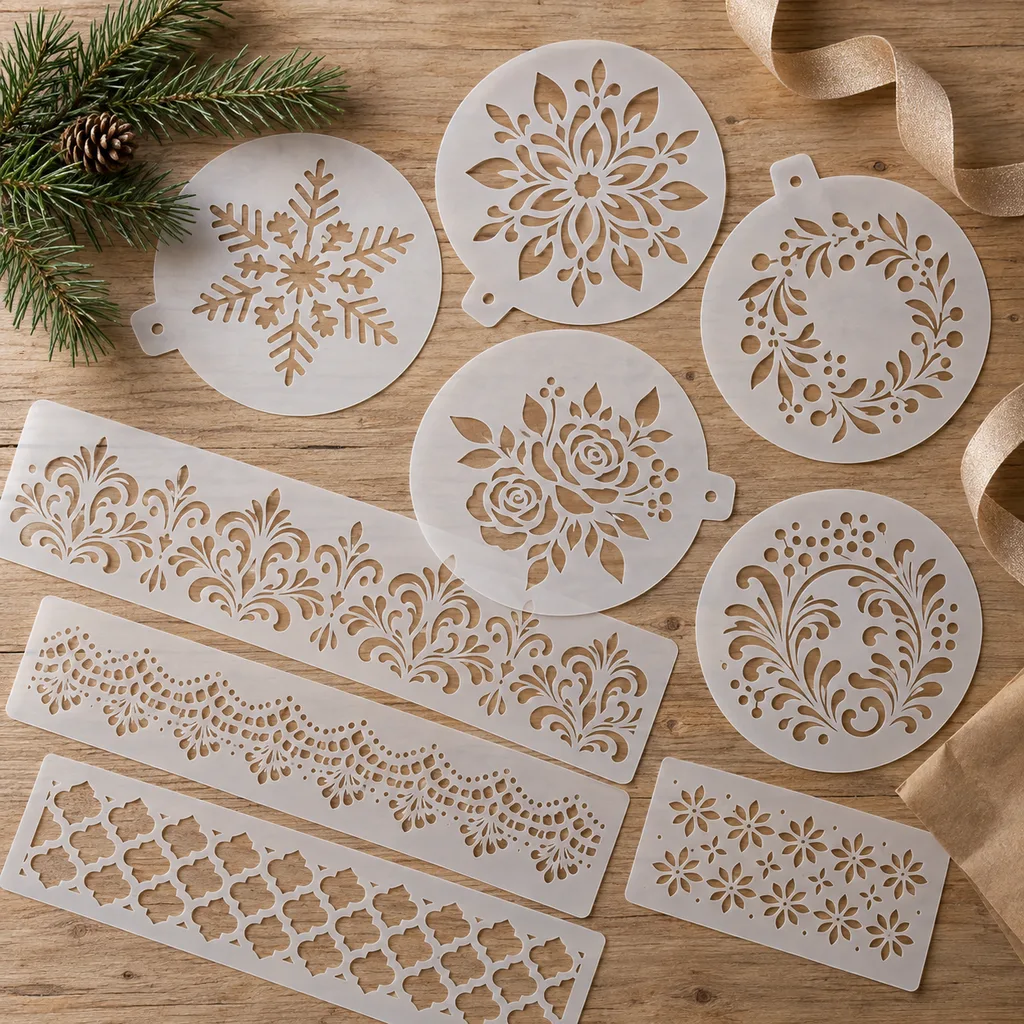 Representative photo-style image of decorative cake stencil collection — generated, not a specific product