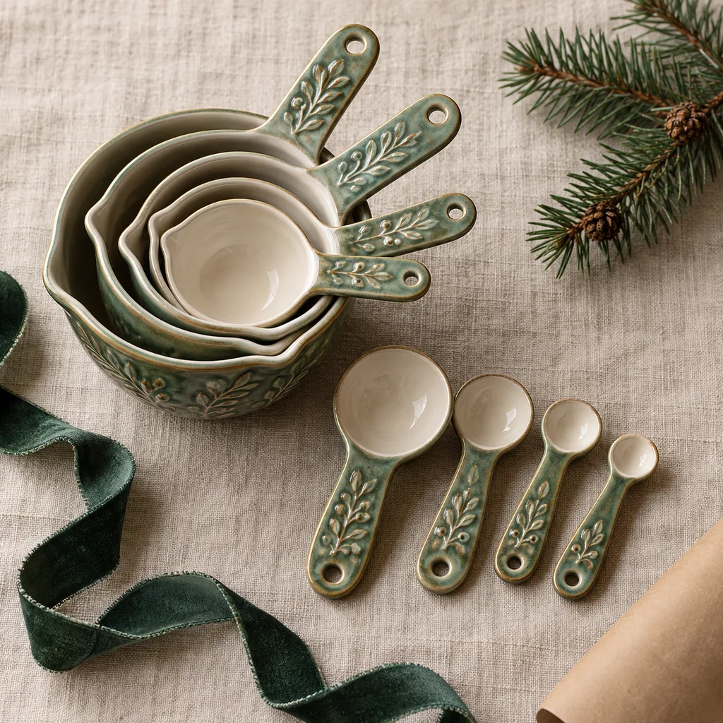 Representative photo-style image of decorative ceramic measuring cups and spoons — generated, not a specific product