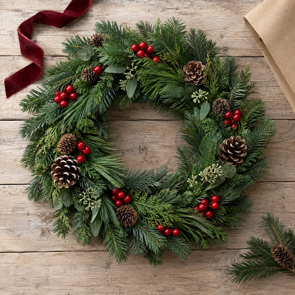 Representative photo-style image of decorative christmas wreath — generated, not a specific product
