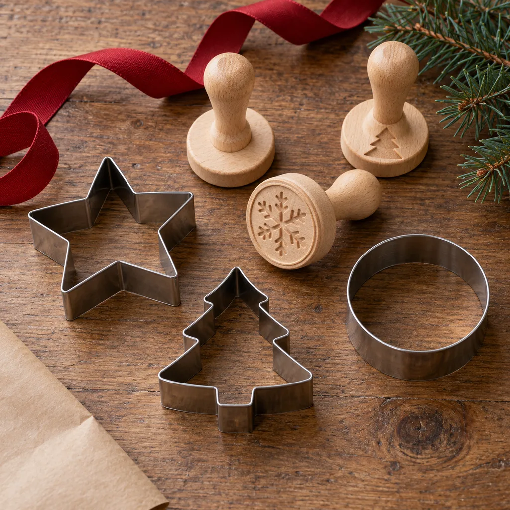 Representative photo-style image of cookie stamps and cutters — generated, not a specific product