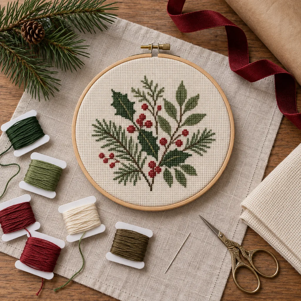 Representative photo-style image of decorative cross stitch art kit — generated, not a specific product