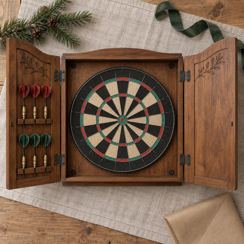 Representative photo-style image of decorative dartboard storage cabinet — generated, not a specific product